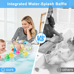 JAUPH water baffle design image shows splash containment for a cleaner bathroom after baby baths.