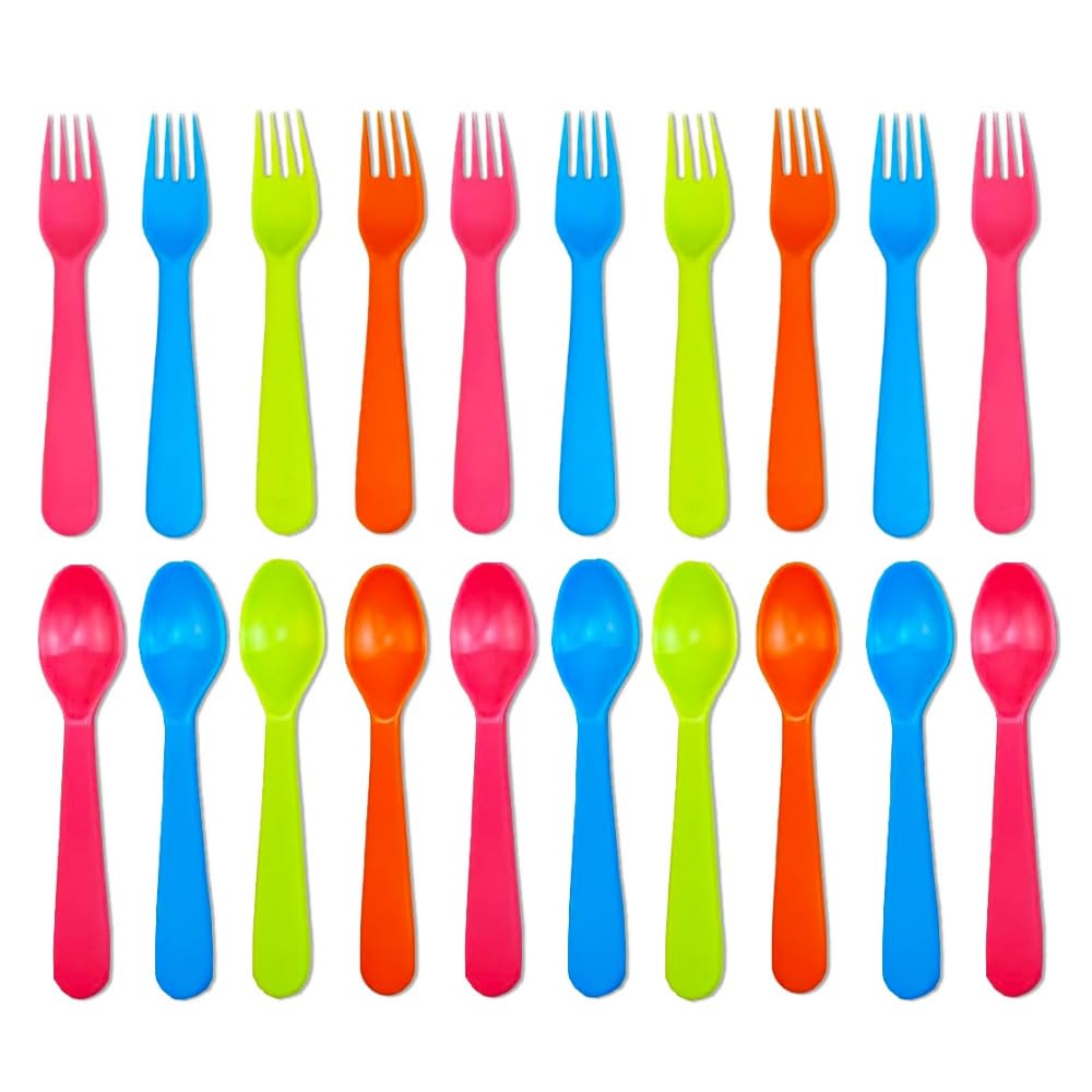 Jawbush 20-Pcs Kids Utensils in bright colors ideal for school lunches and family meals.