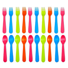 Jawbush 20-Pcs Kids Utensils in bright colors ideal for school lunches and family meals.