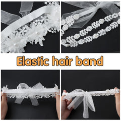 Jawfait white flower headband detail with pearl accents for timeless elegance.