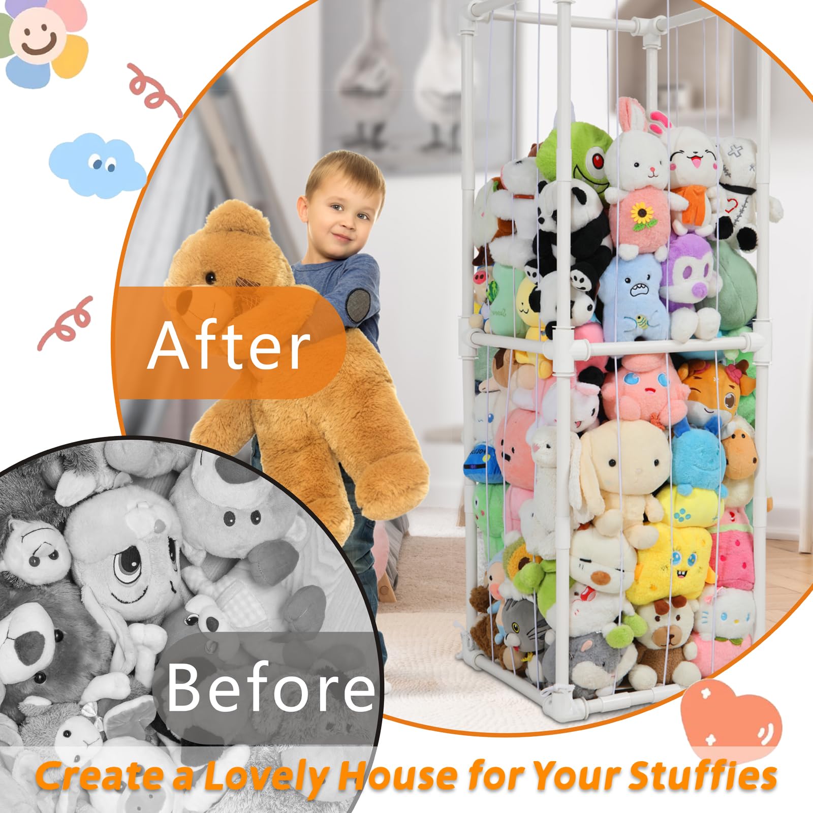 JAWNLITY plush-organizer easy-access feature supports kids tidying routines.