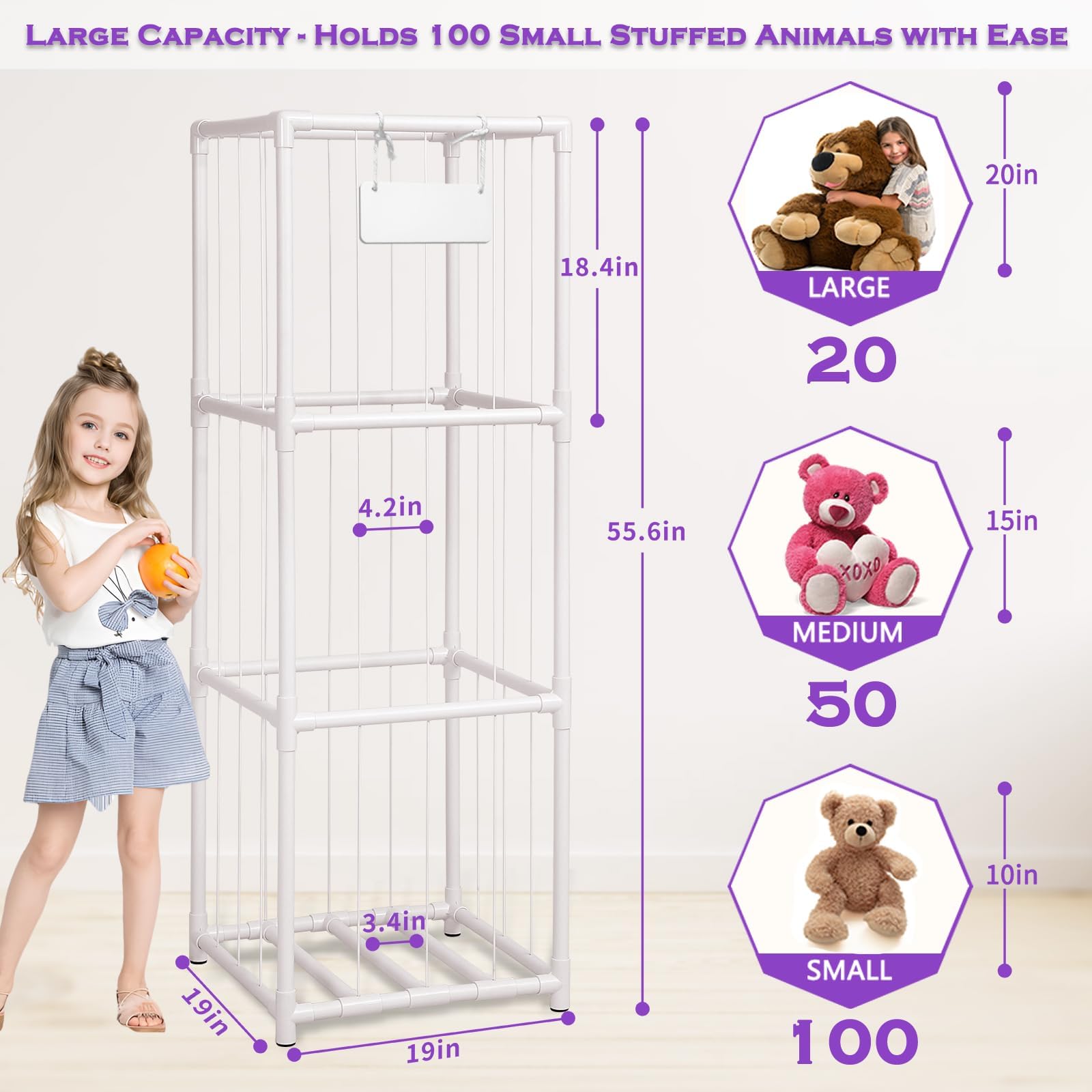 JAWNLITY Stuffed Animals Zoo Storage high capacity holds 30 large or 60 medium plush toys.