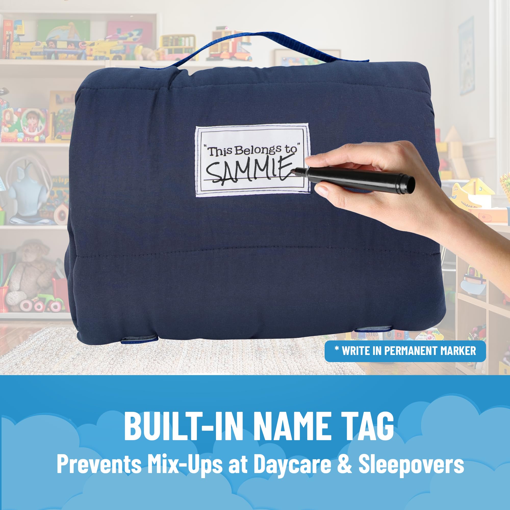 Jay Franco Blippi nap mat handle for easy carrying between activities