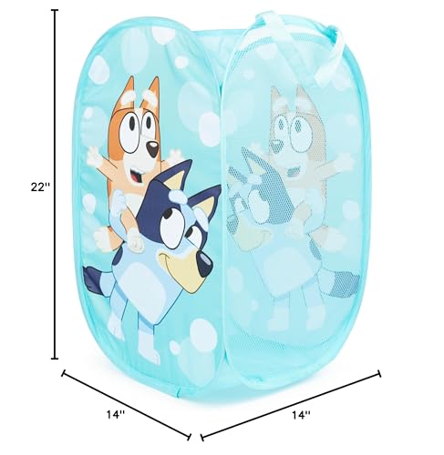 Jay Franco Bluey & Bingo pop up hamper with coordinating Bluey bedding nearby