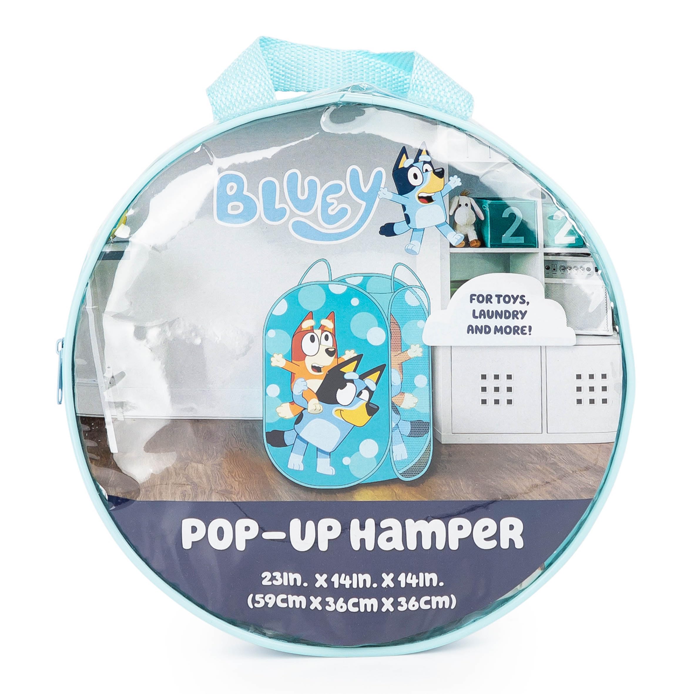 Jay Franco Bluey & Bingo pop up hamper in a kids room showcasing organization