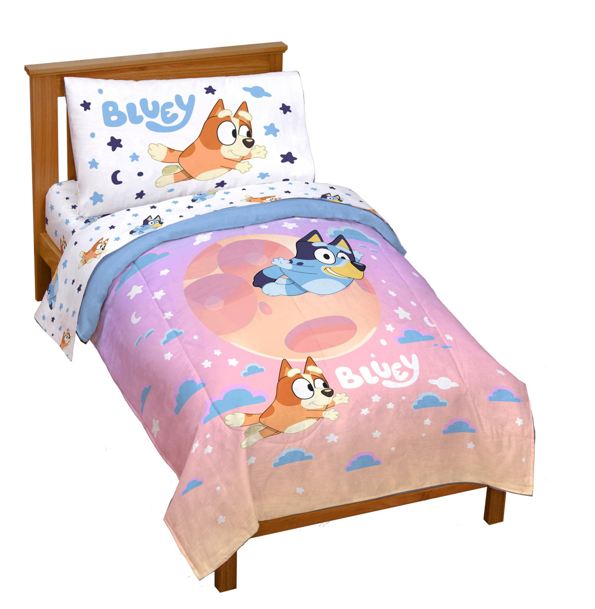 Jay Franco Bluey & Bingo comforter set with clouds pattern for cozy toddler nights