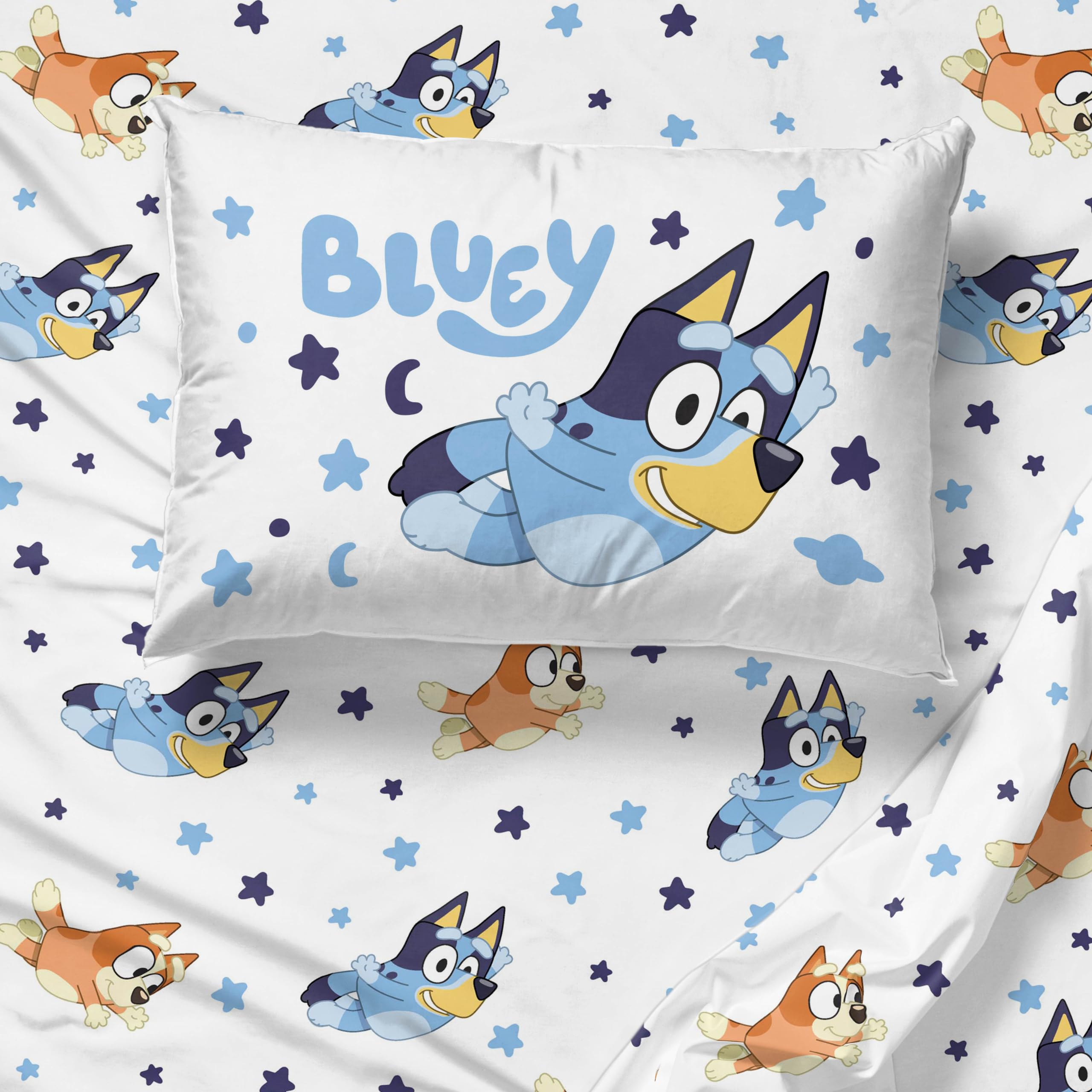 Jay Franco Bluey & Bingo pillowcase front view with easy care messaging