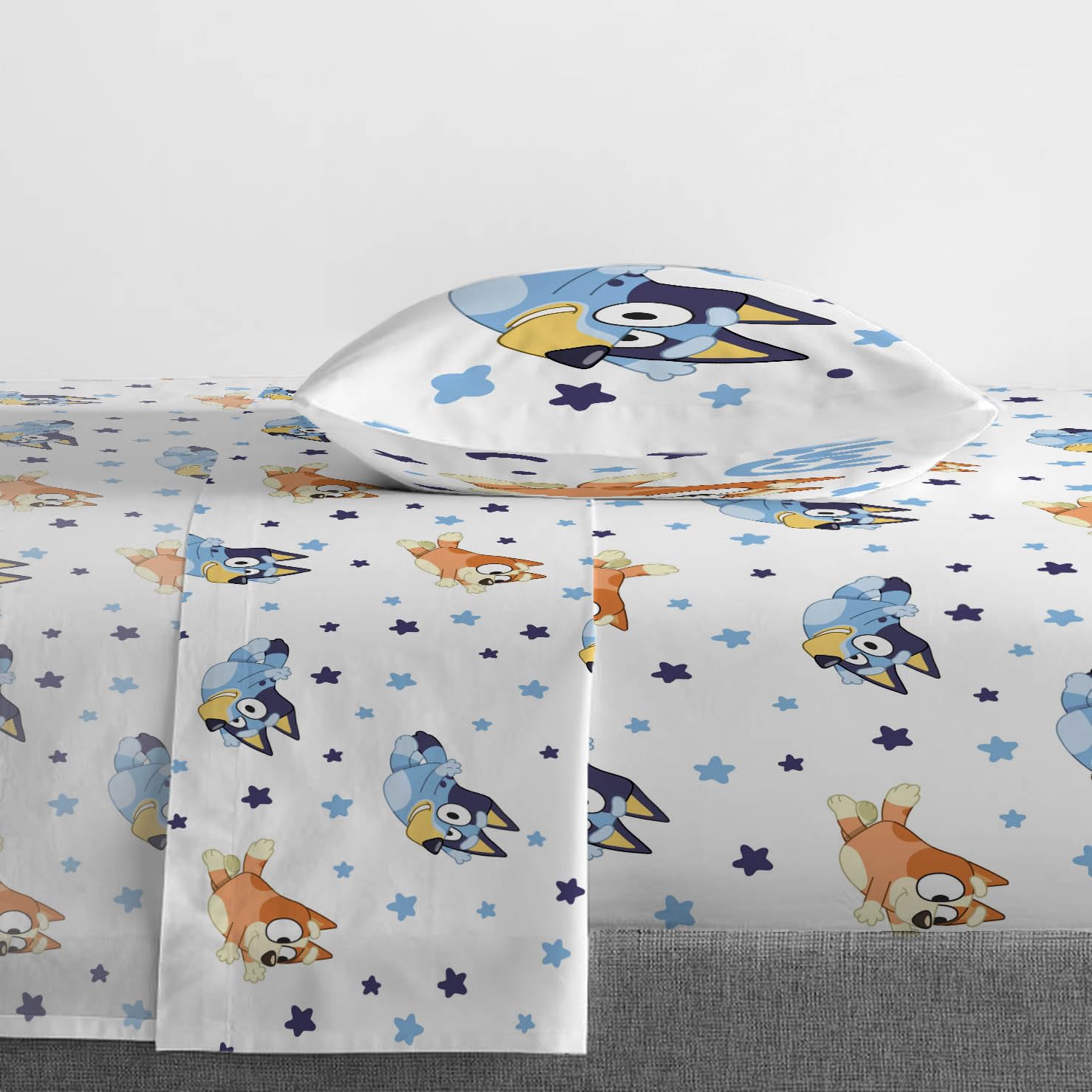 Jay Franco Bluey & Bingo sheet set closeup with soft brushed microfiber feel