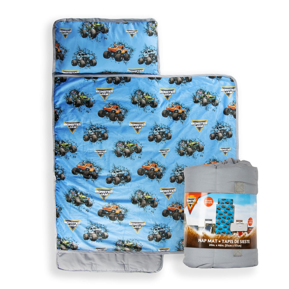 Jay Franco Monster Jam nap mat folded for quick school drop-off and storage.