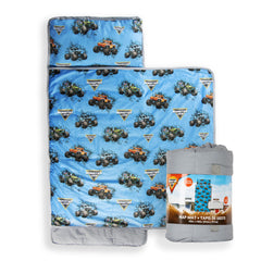 Jay Franco Monster Jam nap mat folded for quick school drop-off and storage.
