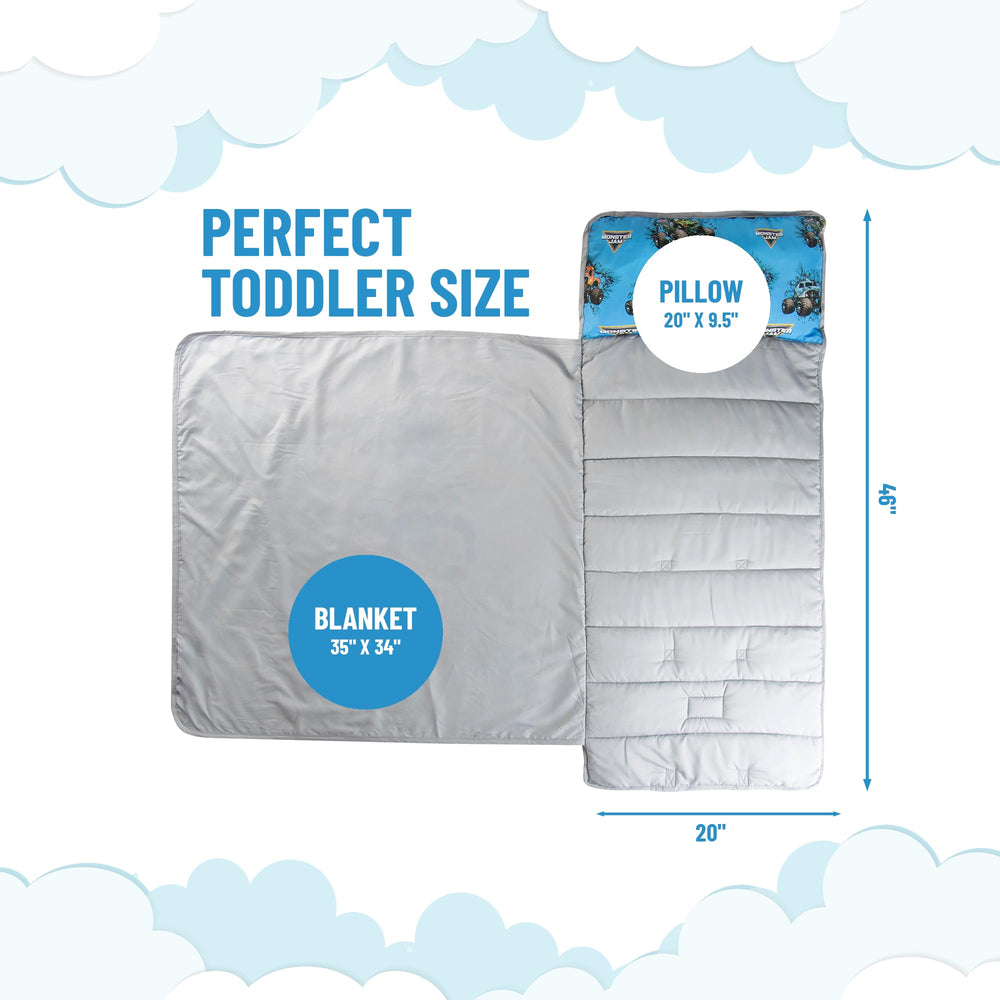 Jay Franco Monster Jam nap mat embedded pillow detail provides cozy nap comfort.