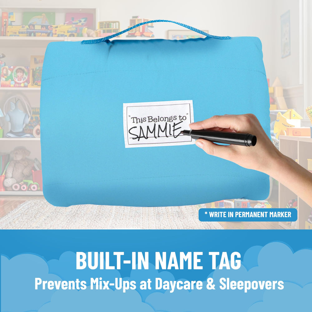 Jay Franco Sesame Street nap mat with velcro-closure simplifies packing and setup.