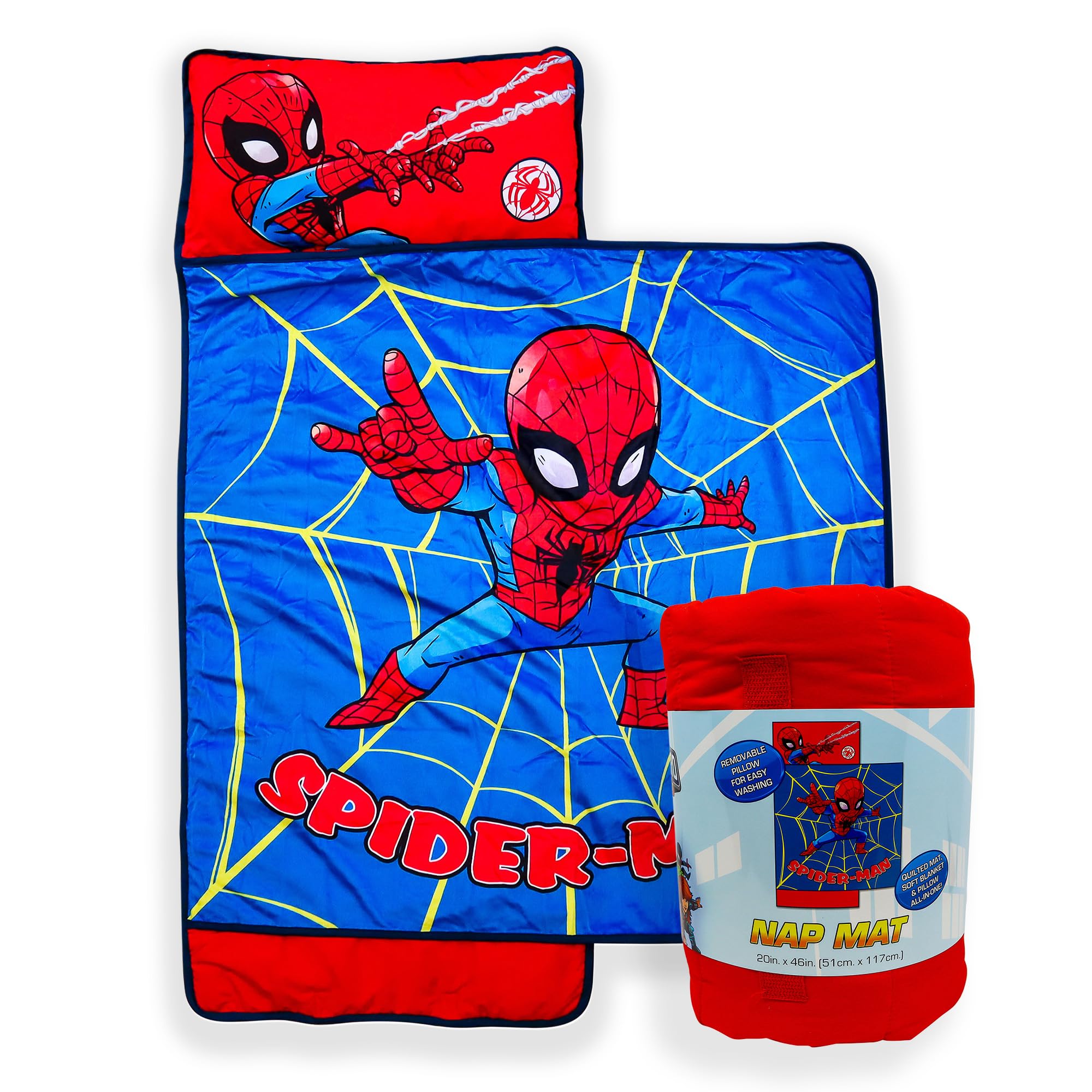 Jay Franco Spiderman nap mat with embedded pillow for cozy on-the-go naps