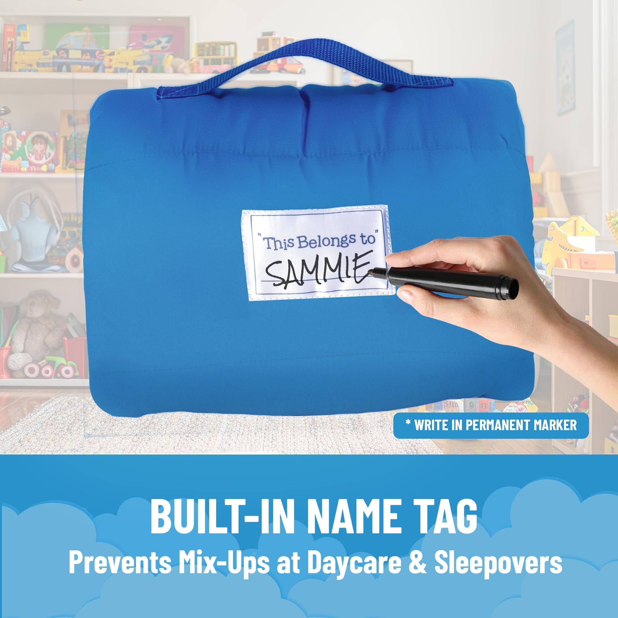 Jay Franco nap mat name tag area helps prevent mix-ups