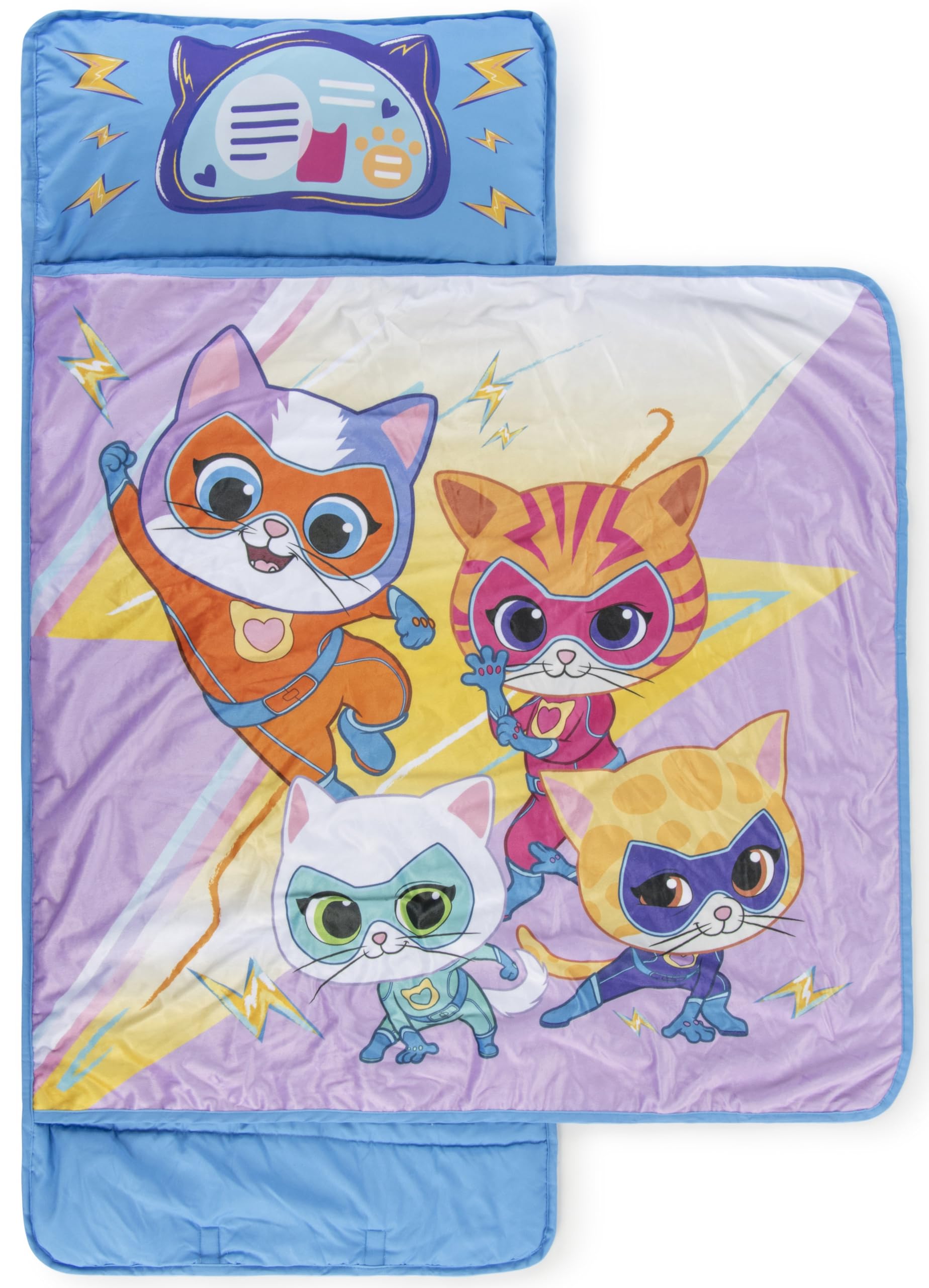Jay Franco Super Kitties nap mat with embedded pillow showcases portable comfort for school days.