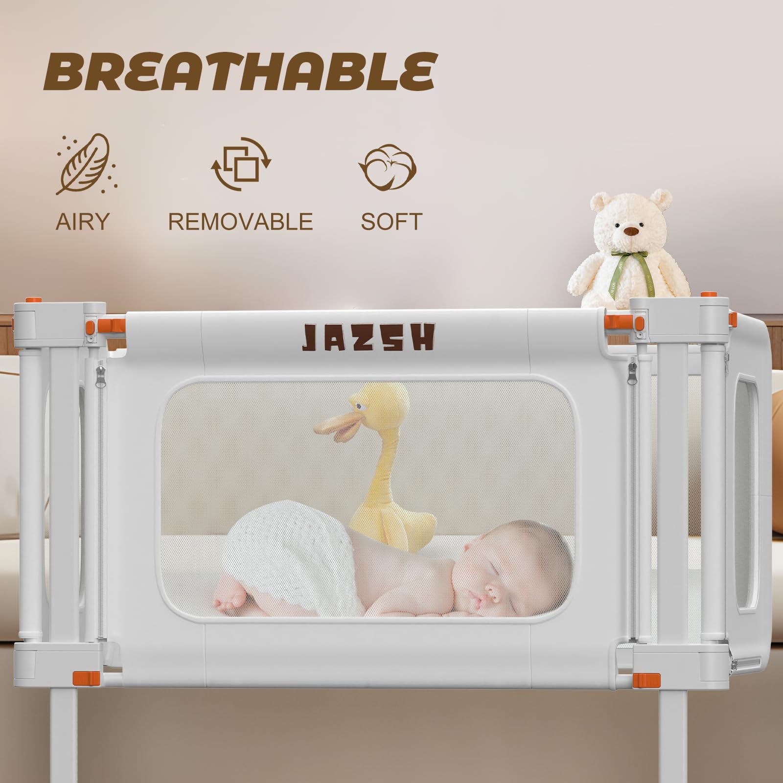 JAZSH convertible crib rails adapt from bedside sleep to standalone crib.