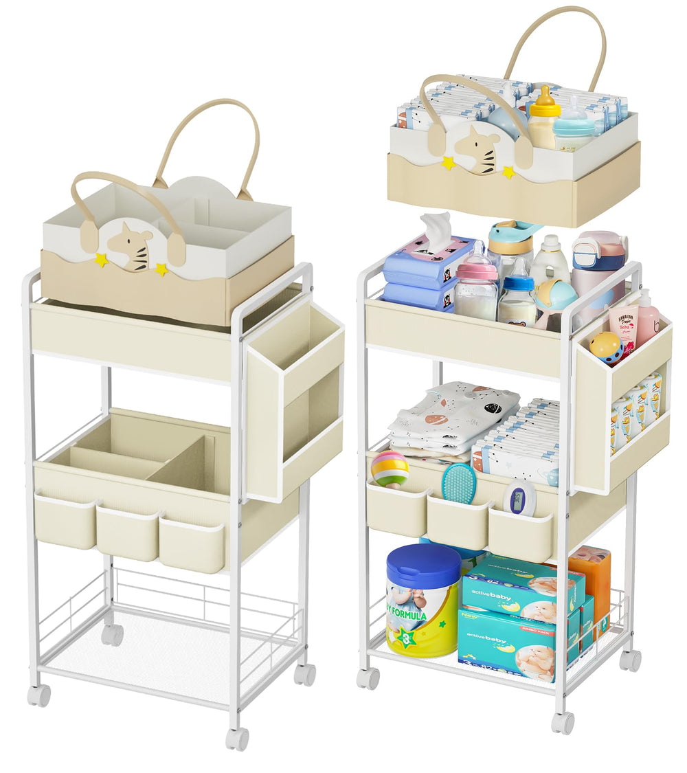 JBBTOOL 3-Tier diaper caddy cart rear view highlights large storage capacity.