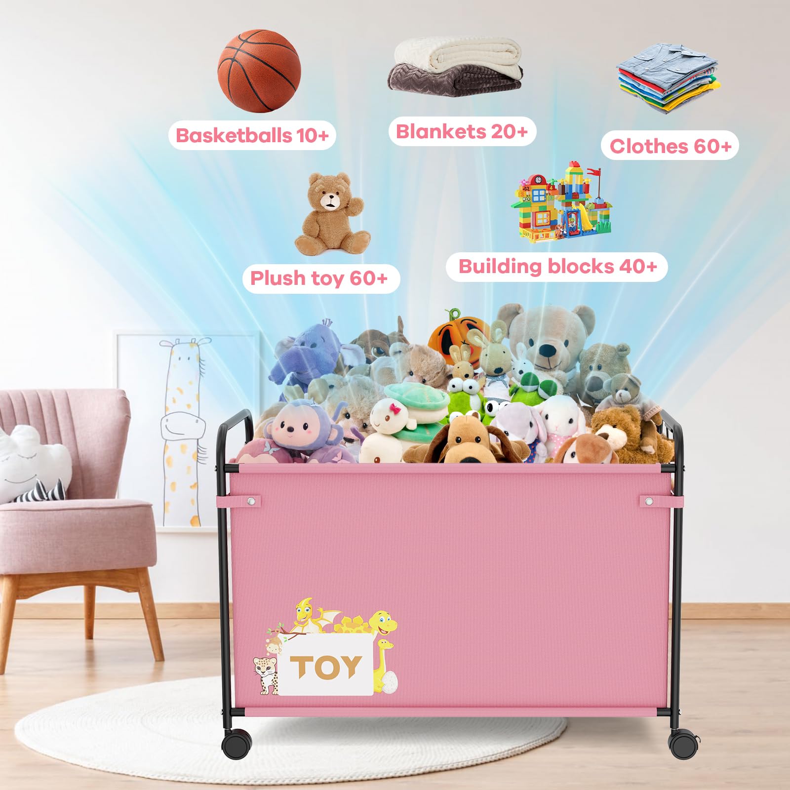 JBBTOOL stuffed animals neatly stored in pink chest