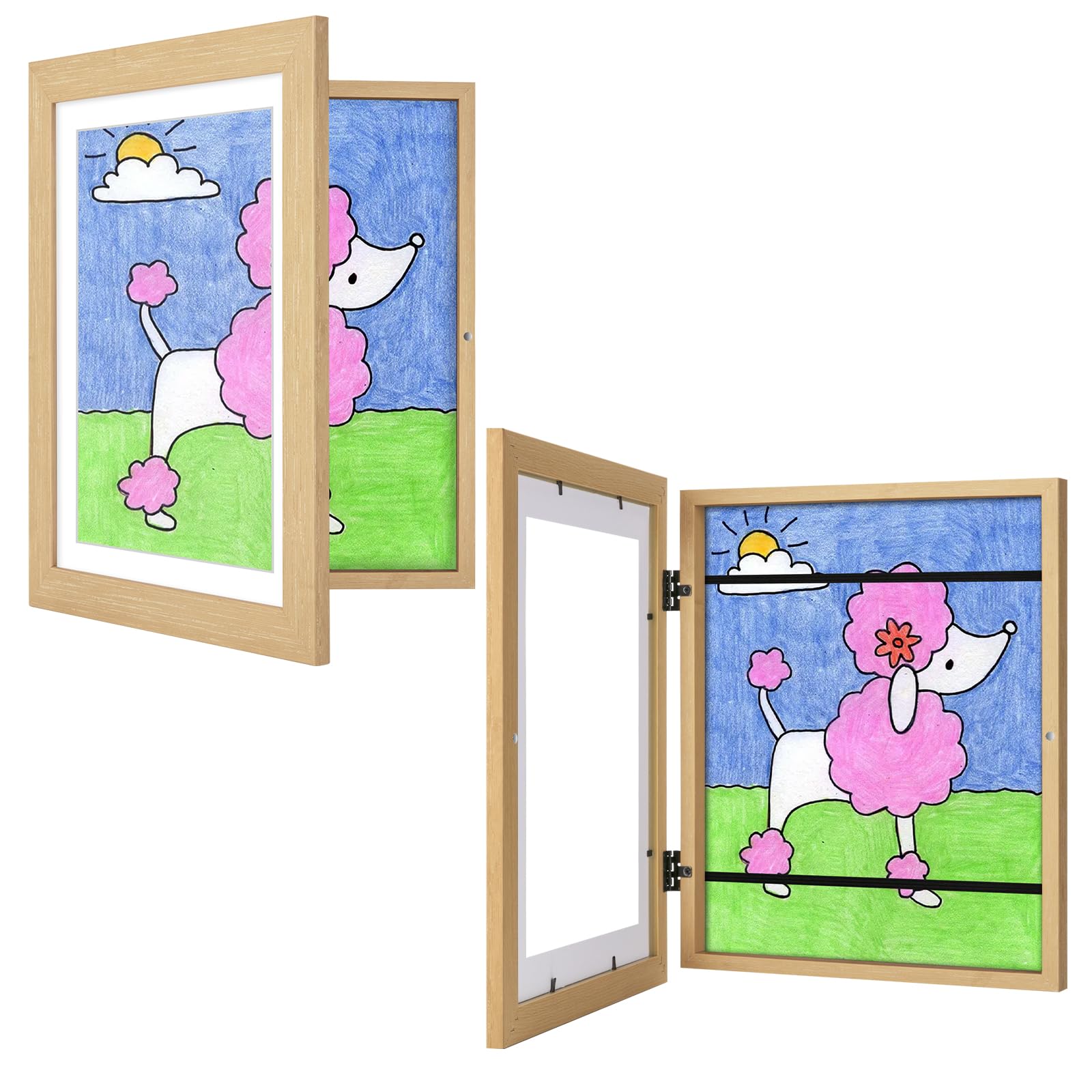 JDZIVTOP kids-art-frame natural woodgrain front view with easy access.