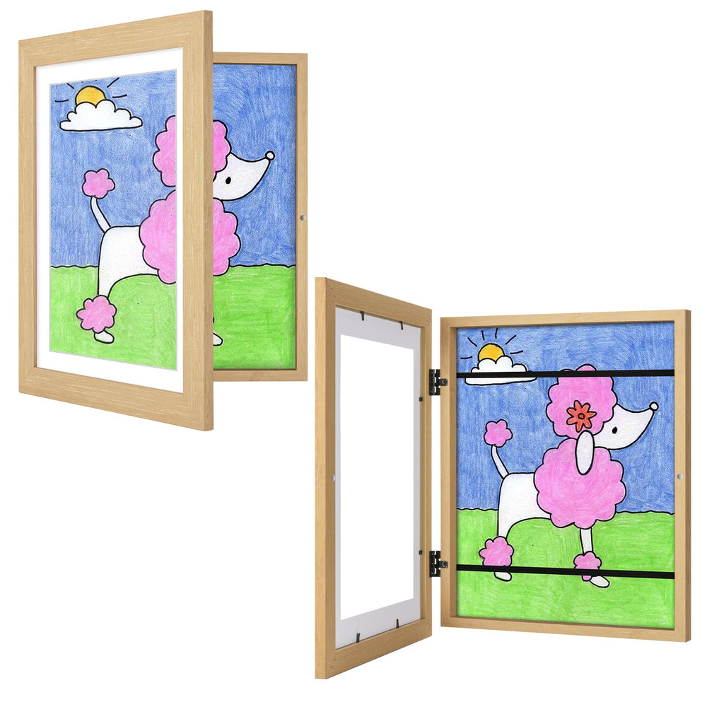 JDZIVTOP kids-art-frame natural woodgrain front view with easy access.