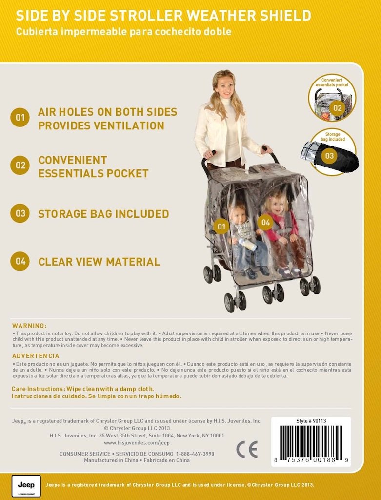 Jeep weather shield fits most strollers for versatile protection.