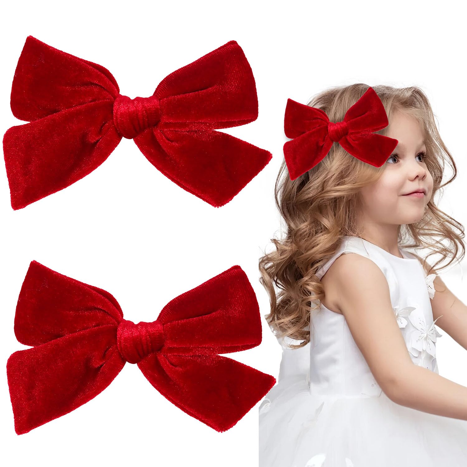 Jeffan velvet hair bow red clip closeup showing soft texture and everyday wear