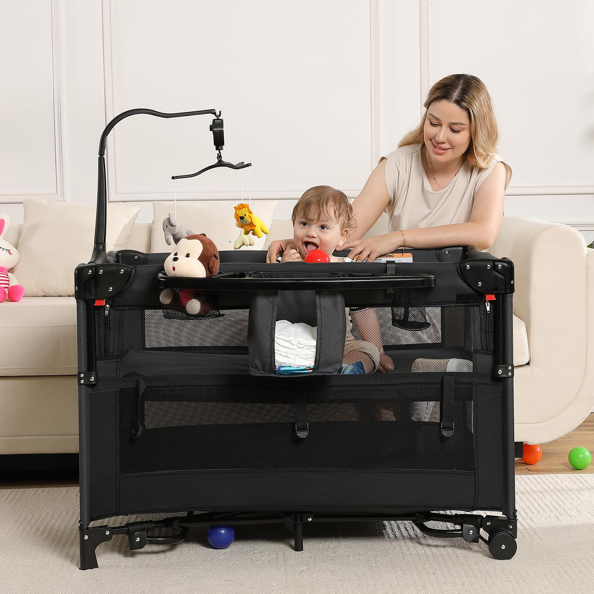 Jekeu 5-in-1 pack and play frame ready for quick setup and newborn sleep