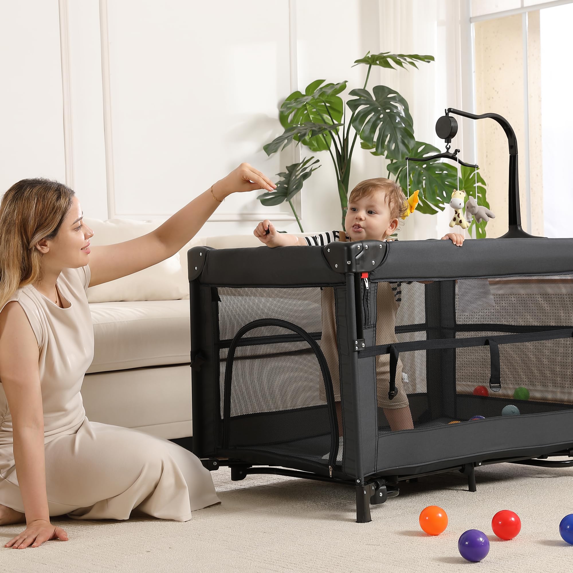 Jekeu travel playard folded in tote bag for easy storage on the go