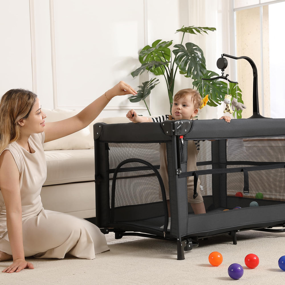 Jekeu travel playard folded in tote bag for easy storage on the go