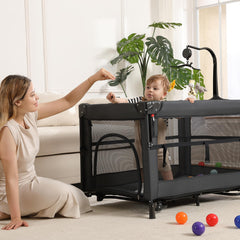 Jekeu travel playard folded in tote bag for easy storage on the go
