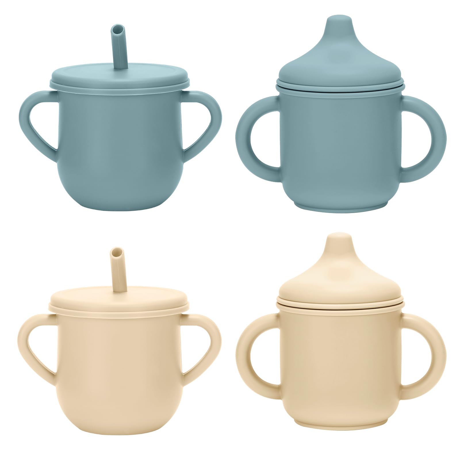 JELLDJK silicone toddler cups set front view in blue and beige for learning use.