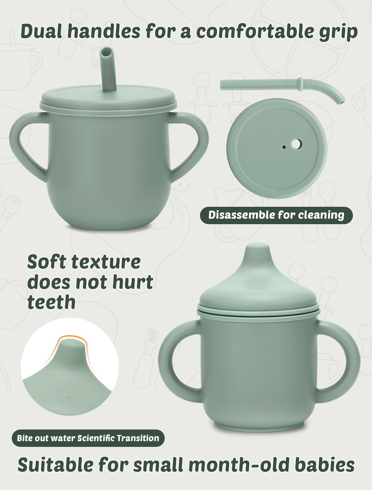 JELLDJK sippy cups beige feature easy-grip handles to support self-feeding.
