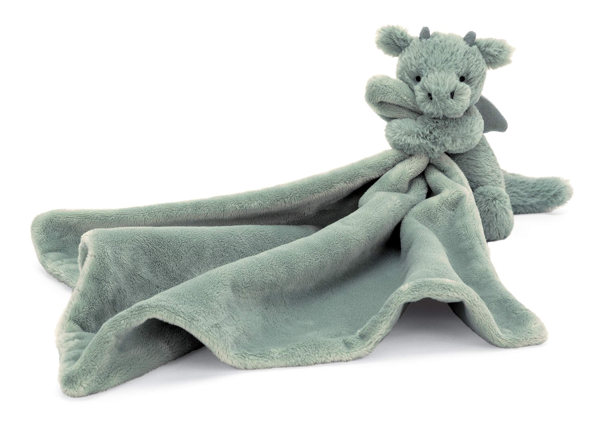 Jellycat Bashful Dragon Soother front view with soft moss-green fur for cuddling
