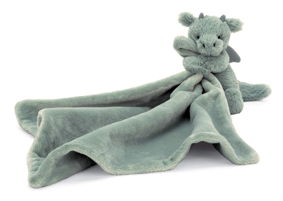 Jellycat Bashful Dragon Soother front view with soft moss-green fur for cuddling