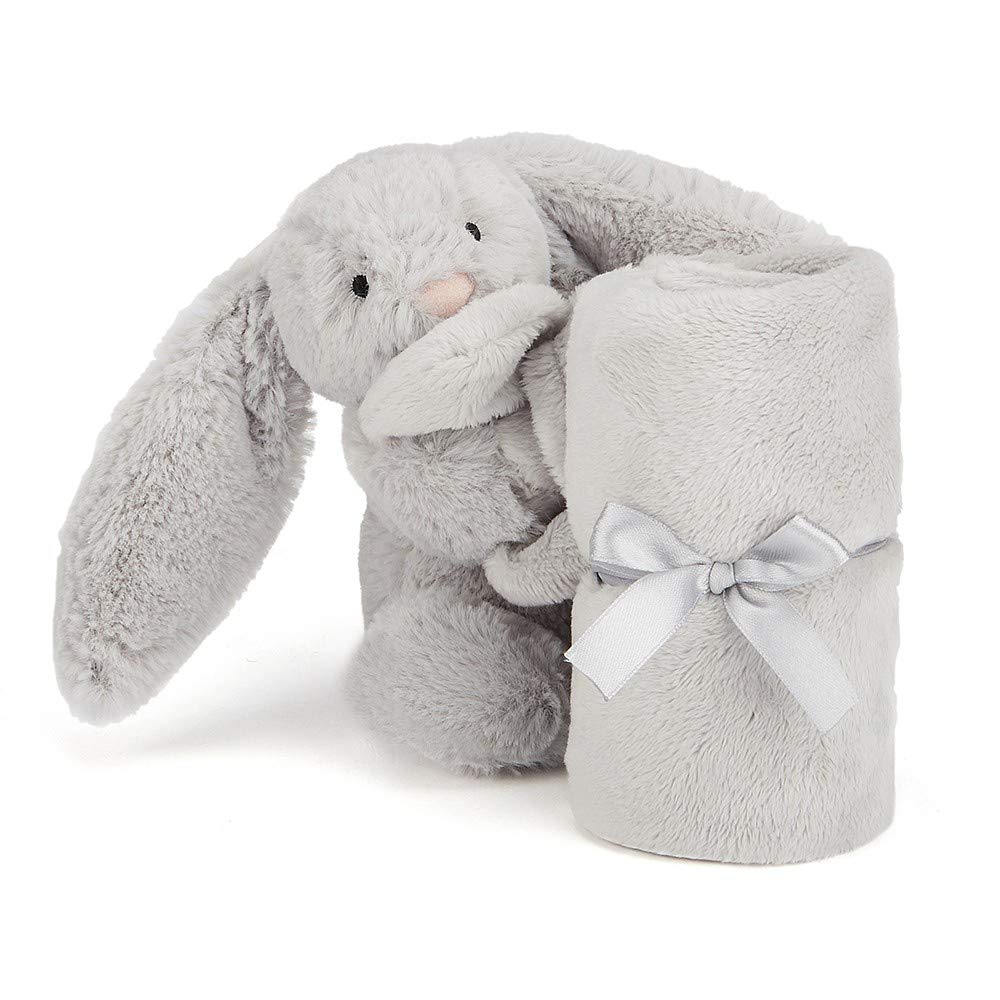 Jellycat Bashful Grey Bunny Soother ears detail for comforting cuddles.