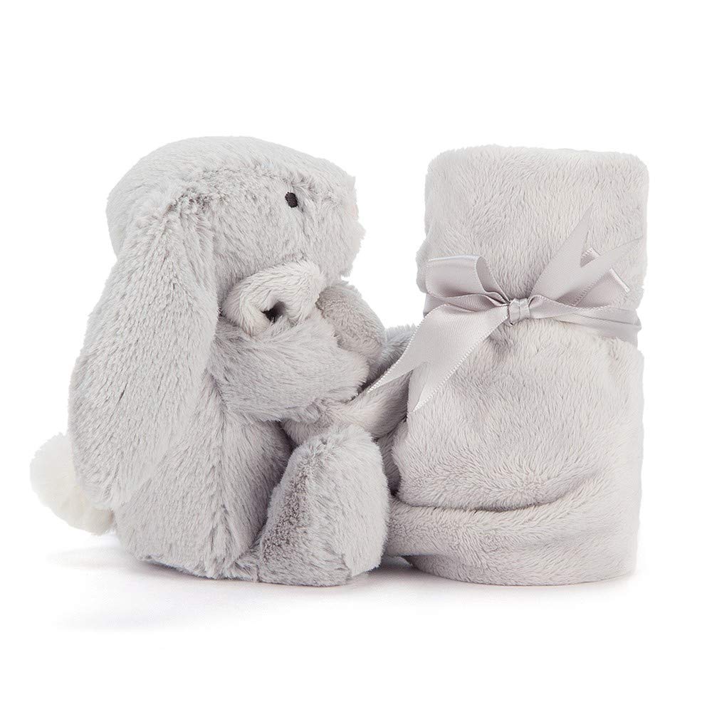Jellycat Bashful Grey Bunny Soother full view with attached square soother for easy use.