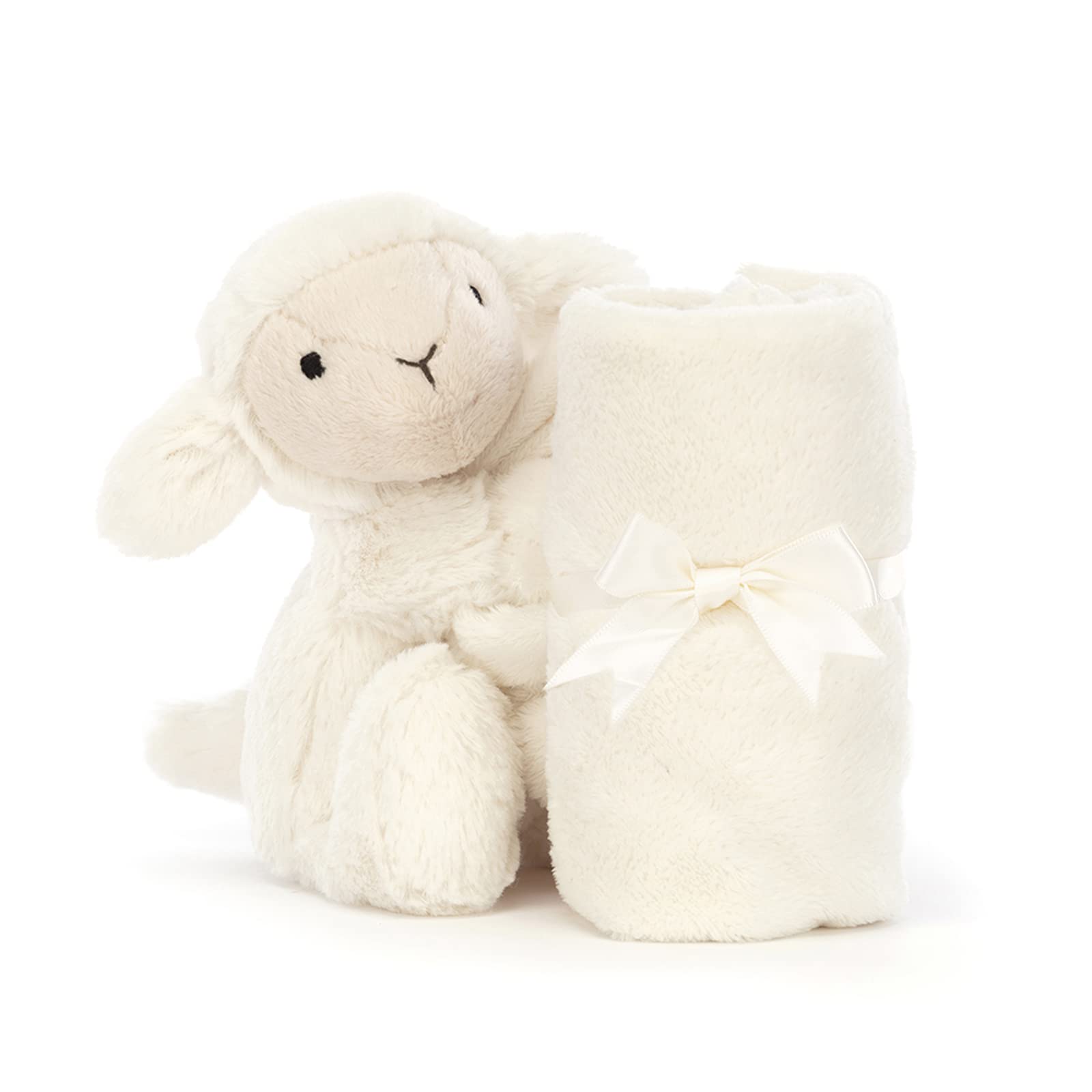 Jellycat Bashful Lamb Soother attached square provides convenient handheld comfort.