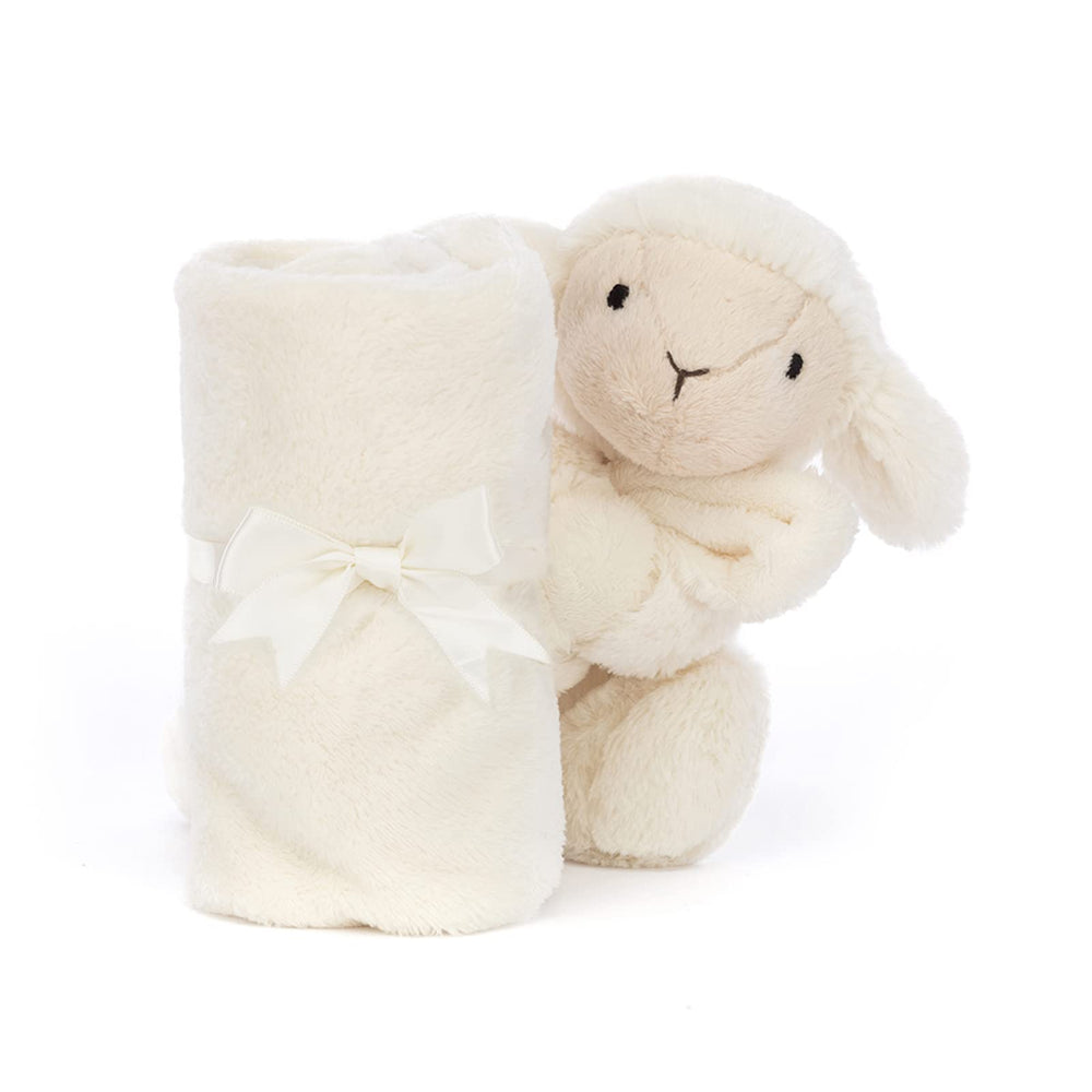 Jellycat Bashful Lamb Soother dimensions support easy cuddling on laps and beds.