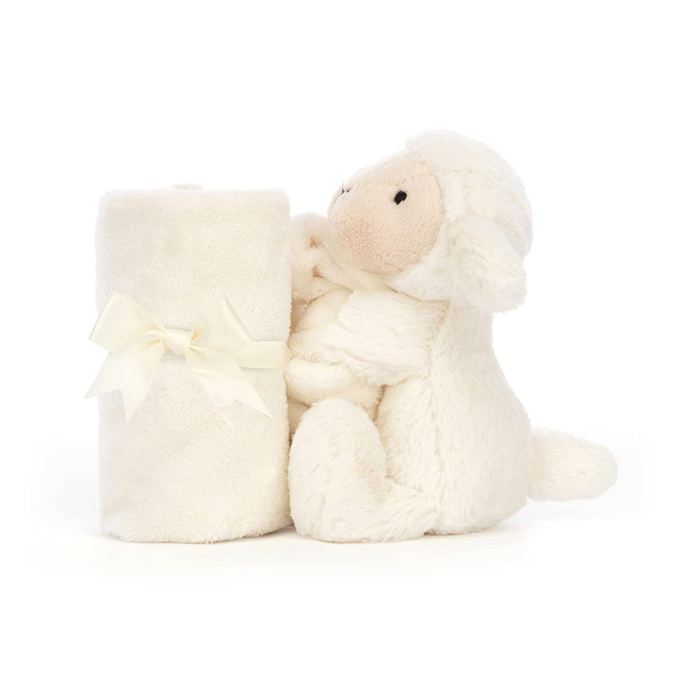 Jellycat Bashful Lamb Soother features petal ears for gentle baby cuddles.