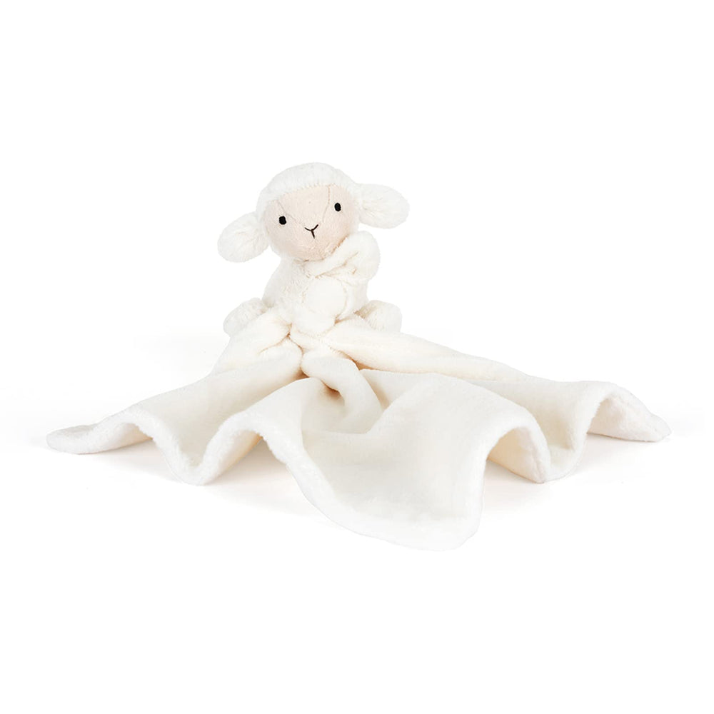 Jellycat Bashful Lamb Soother shows soft vanilla fur for cozy nighttime snuggles.