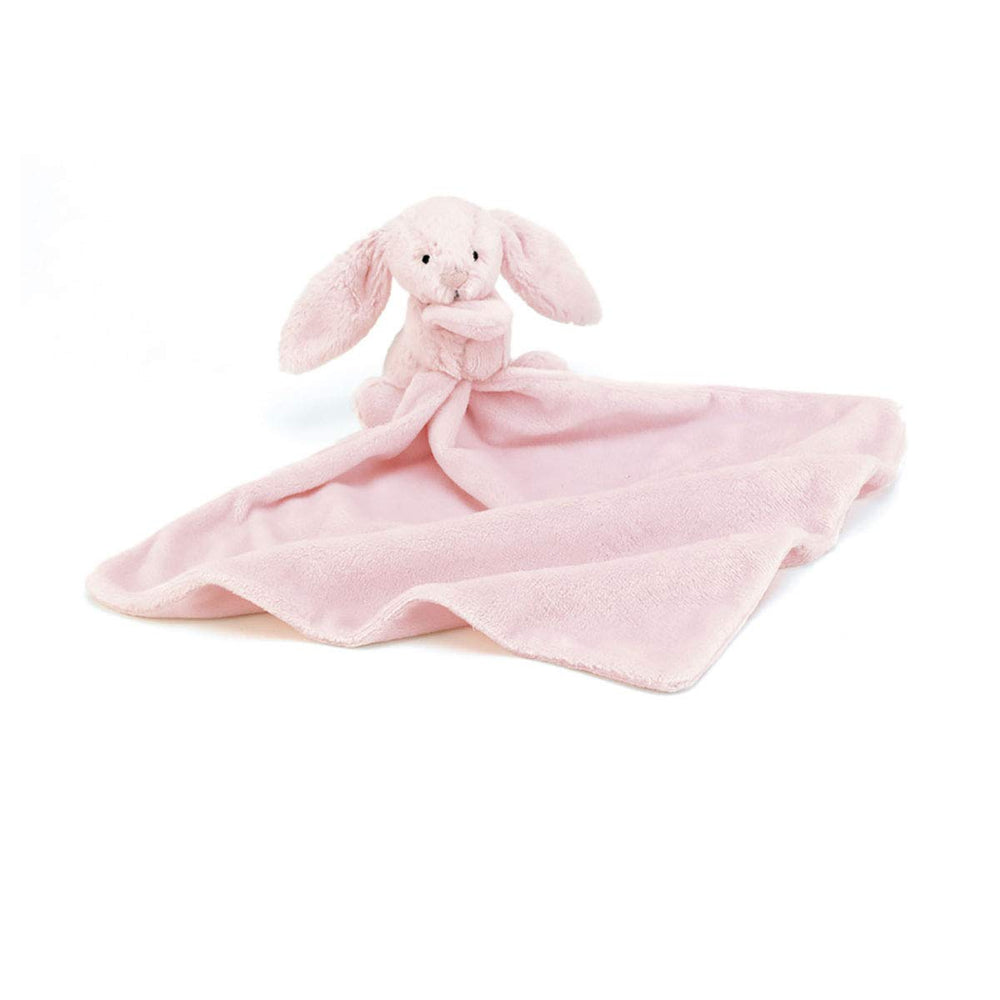 Jellycat Bashful Pink Bunny Soother close-up shows velvety pink fur for calming cuddles.