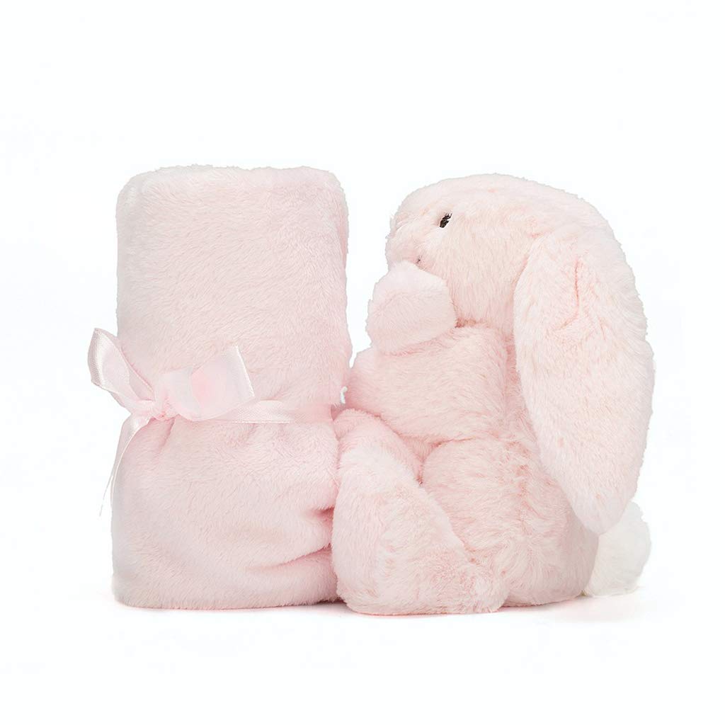 Bashful Pink Bunny Soother with long fold ears enhances tactile cuddling.