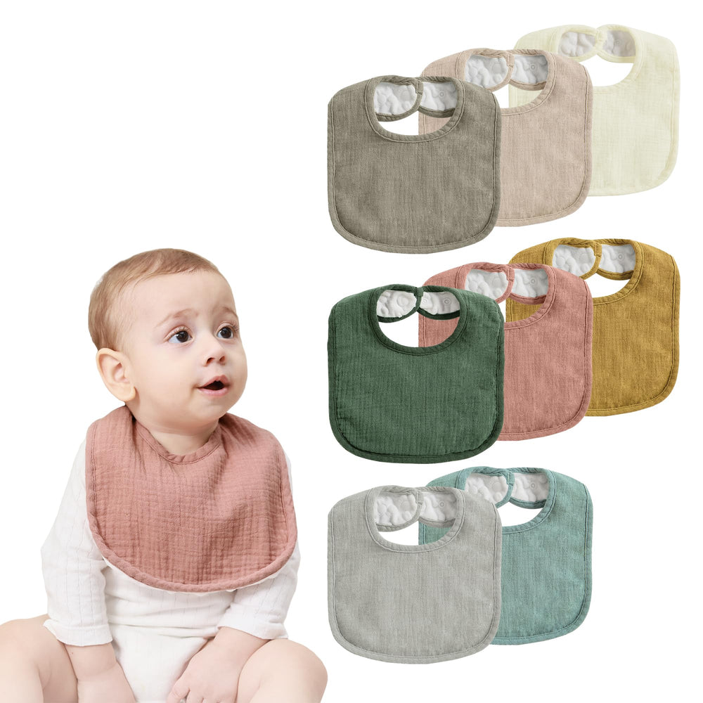 JELLYMONI 8-pack muslin drool bibs set showcases soft fabric for gentle baby skin protection.