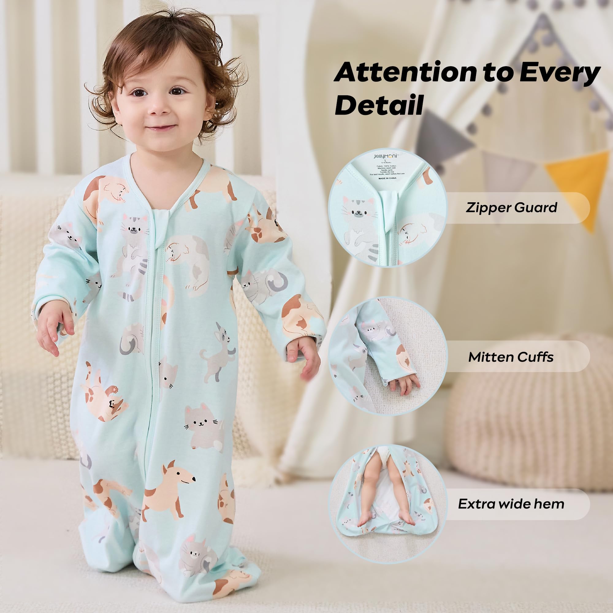 JELLYMONI sleep sack with mitten cuffs keeps tiny hands warm.