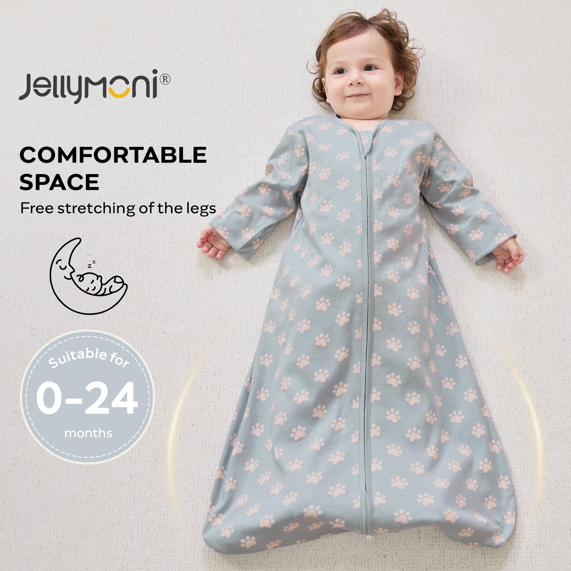 JELLYMONI sleep sack size chart highlights growth-ready options.