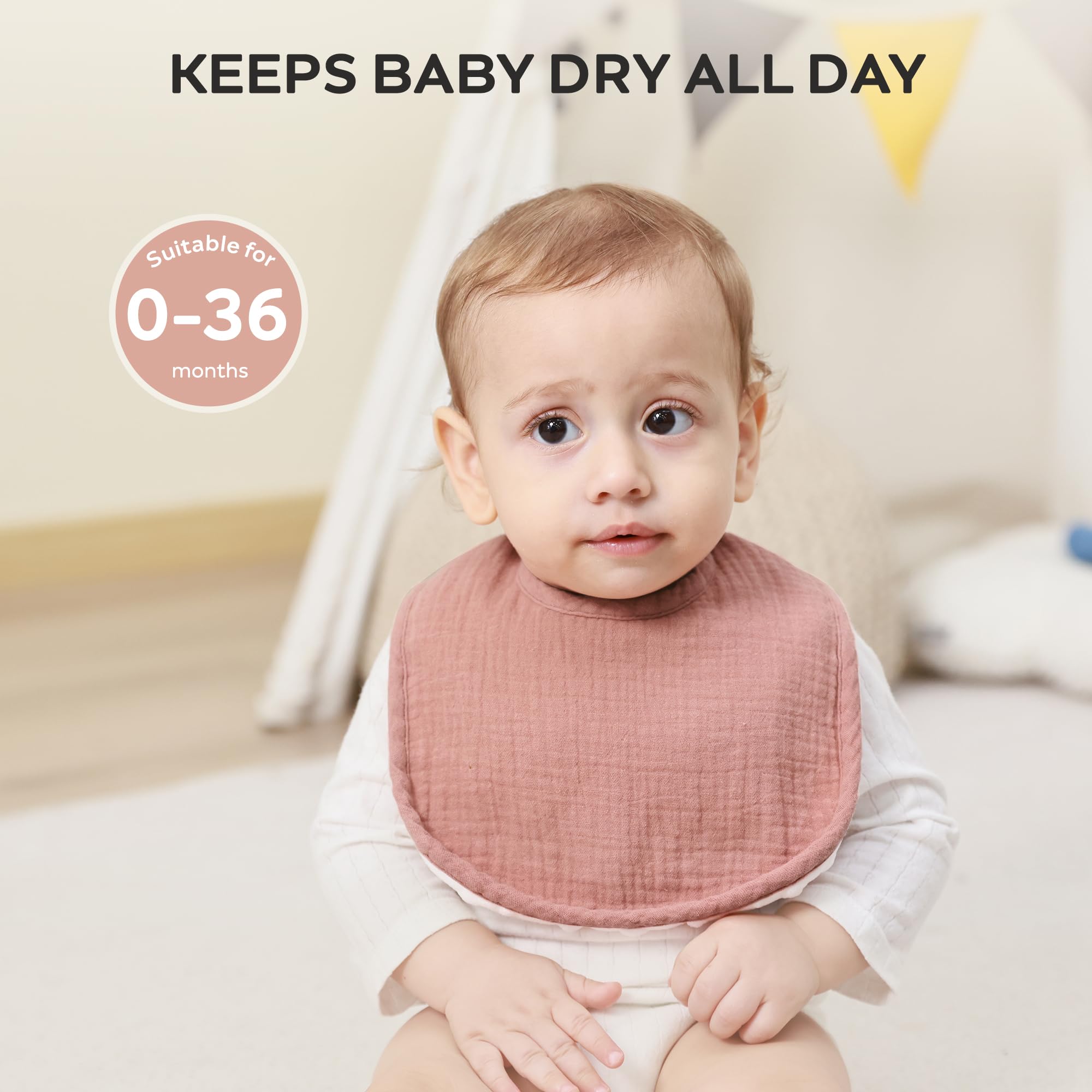 JELLYMONI bandana bibs show soft muslin cotton against baby skin during drool and feeding.