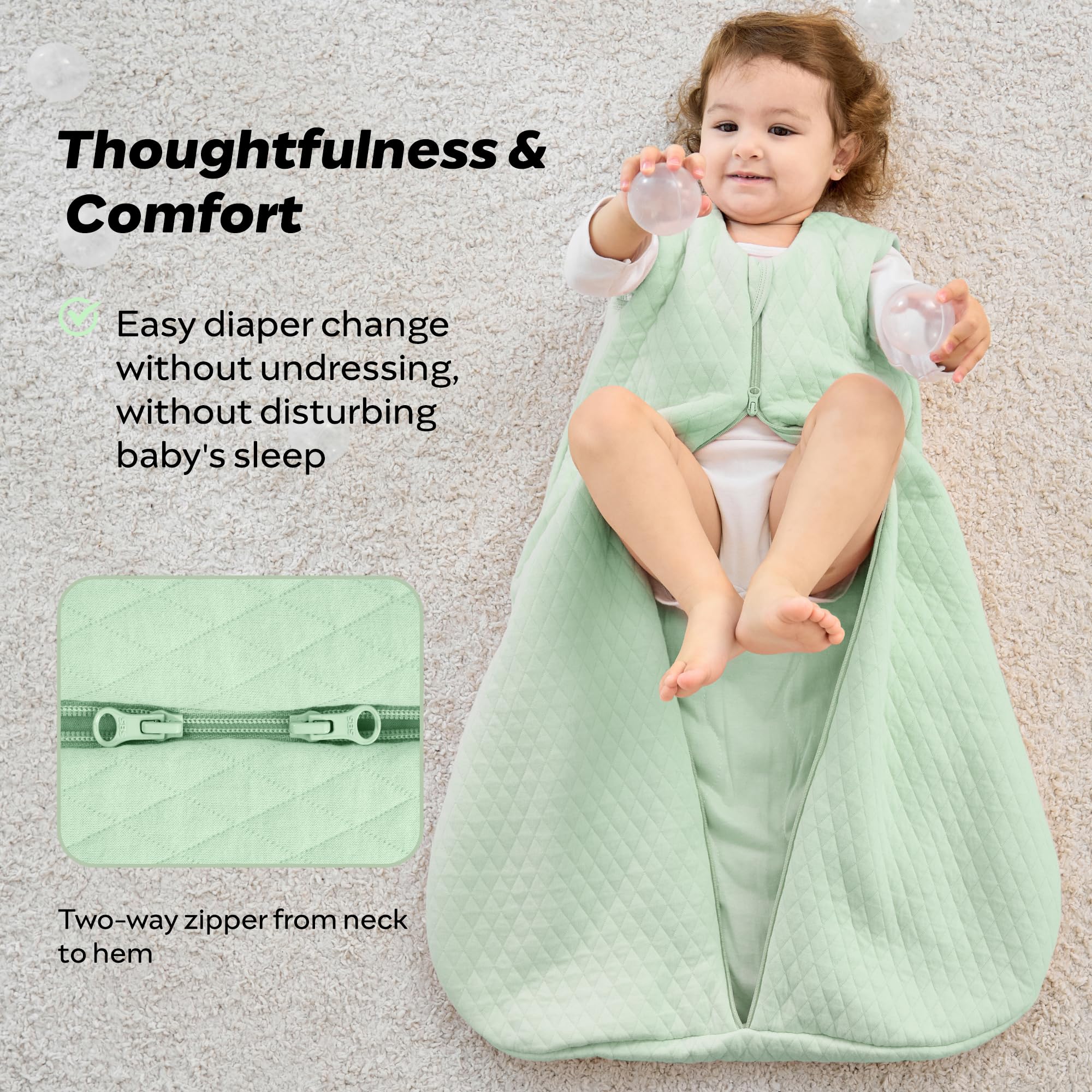 JELLYMONI sleep-sack hip-room design promotes leg movement during sleep.