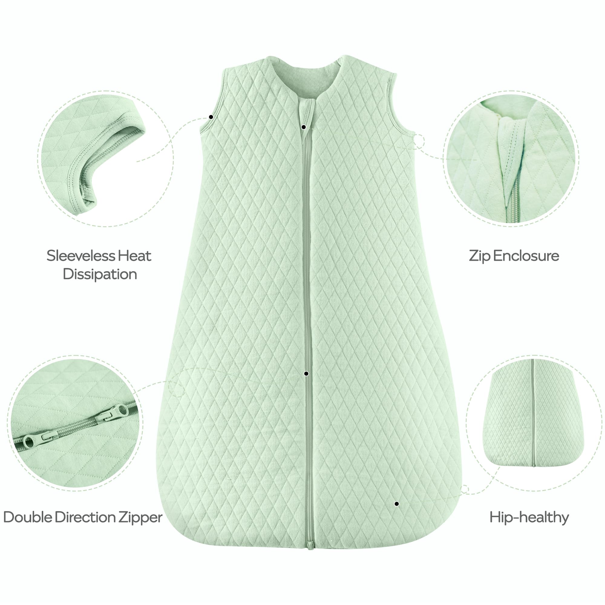 JELLYMONI sleep-sack two-way zipper close-up enables easy diaper changes.