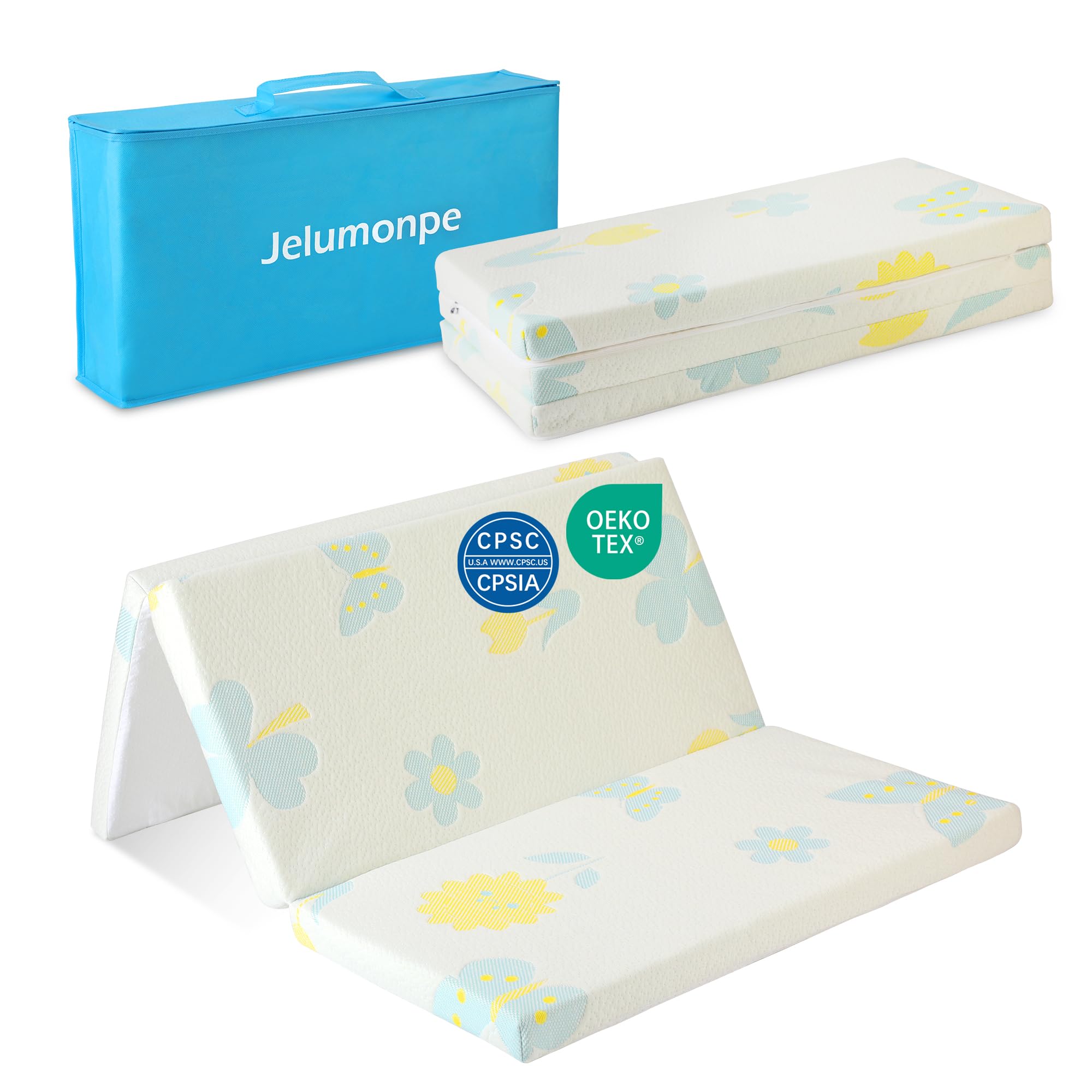 Jelumonpe foldable pack-n-play mattress ready for travel and quick setup.