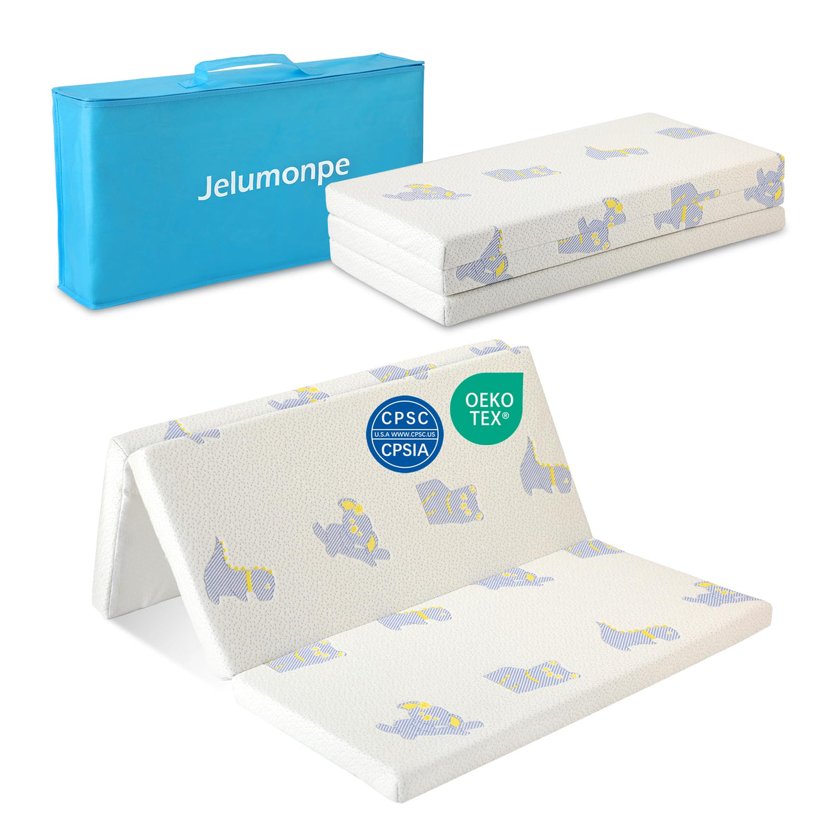 Jelumonpe Pack N Play mattress folded for travel and storage.